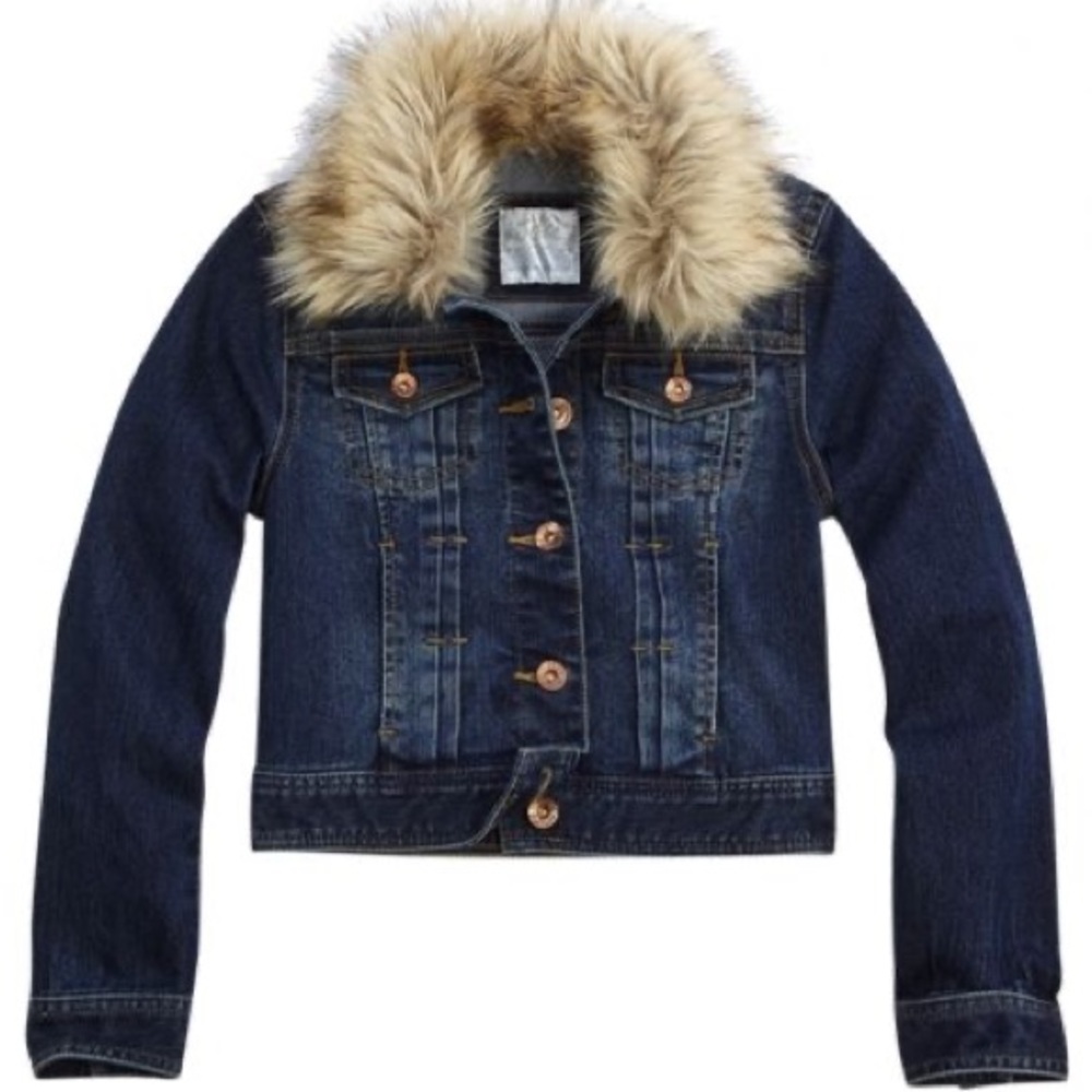 Justice brand jean jacket with detachable fur collar. Size 10. Darker wash.